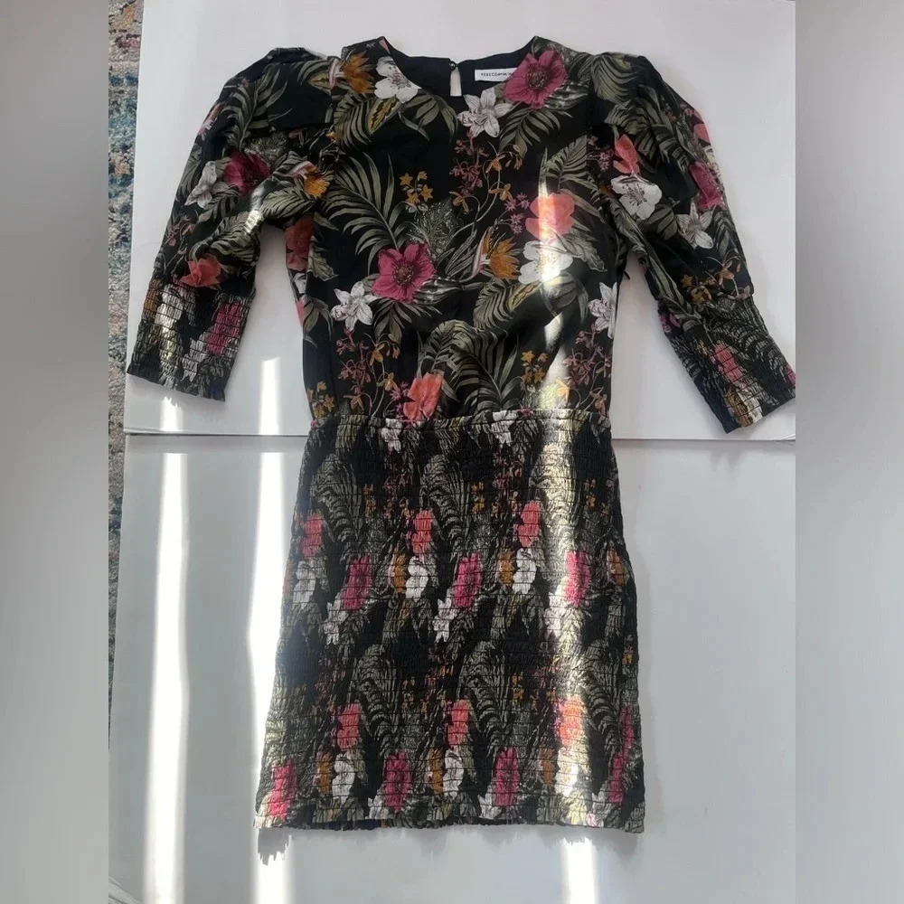Rebecc Minkoff Black Floral Print Puff Sleeve Smocked Geneva Mini Size S - Picture 1 of 11